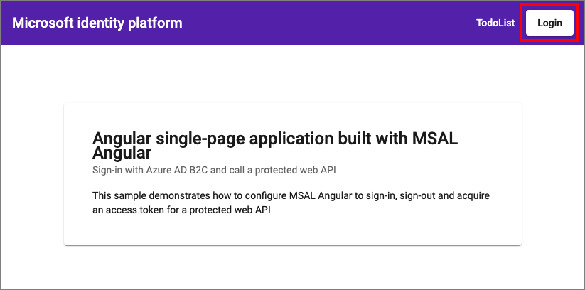 ログイン リンクを含む Angular サンプル アプリを示すスクリーンショット。