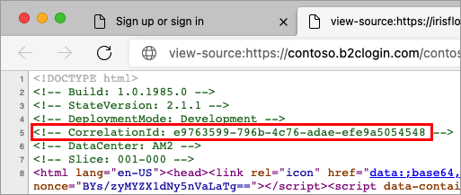 Azure AD B2C サインイン ページ ビュー ソースのスクリーンショット。