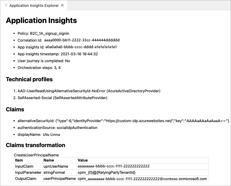 Azure AD B2C 拡張機能 Azure AD B2C トレース レポートのスクリーンショット。