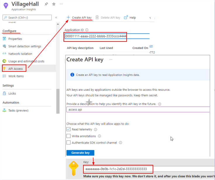 API アクセス キーを作成する方法を示すスクリーンショット。