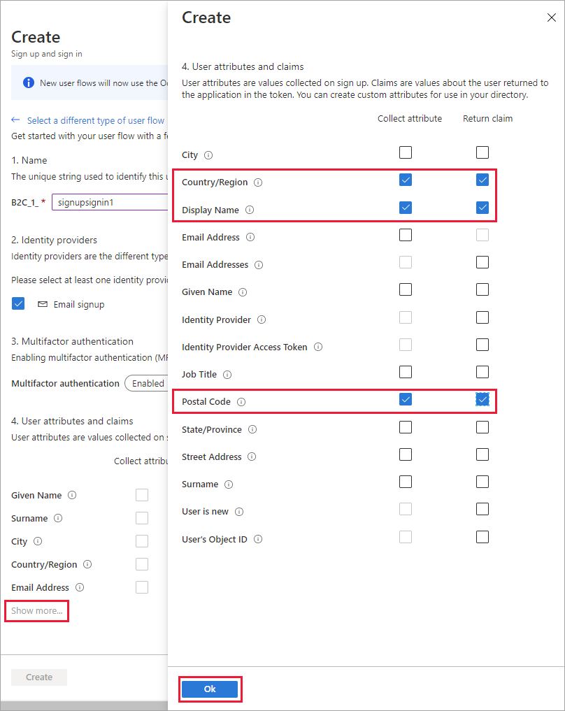 Azure portal の属性と要求の選択ページのスクリーンショット。3 つの要求が選択され、強調表示されています。