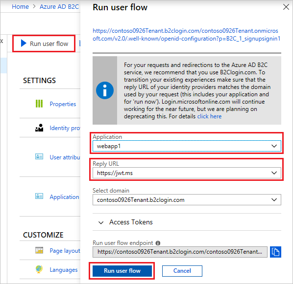 Azure portal ポータルの [ユーザー フローの実行] ページのスクリーンショット。[ユーザー フローの実行] ボタン、[アプリケーション] テキスト ボックス、および [応答 URL] テキスト ボックスが強調表示されています。