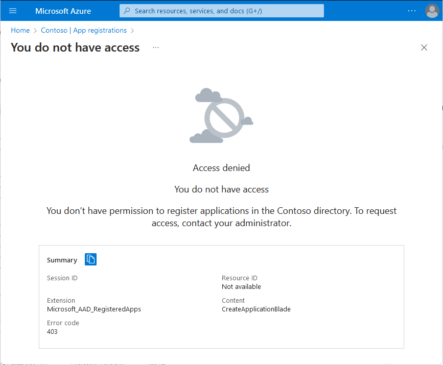 新しいアプリ登録を作成しようとしたときのアクセス拒否メッセージのスクリーンショット。