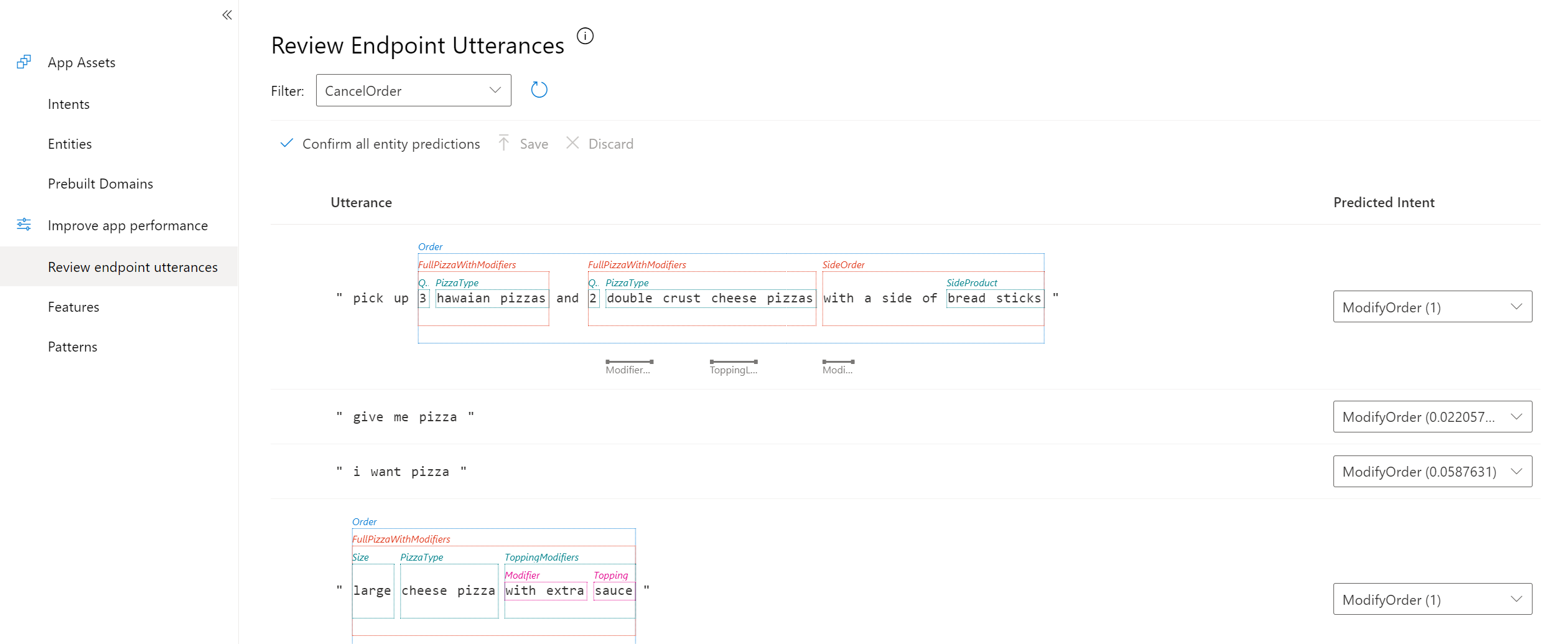 LUIS が不明なエンドポイント発話を確認するページを示すスクリーンショット