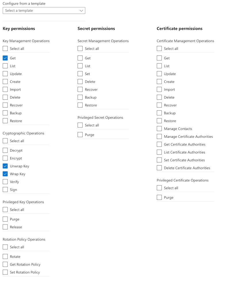 キー ボールトのアクセス ポリシーに関する Azure ポータル ページのスクリーンショット。選択されているアクセス許可は、[キー取得]、[キーをラップ]、[キーのラップを解除] です。