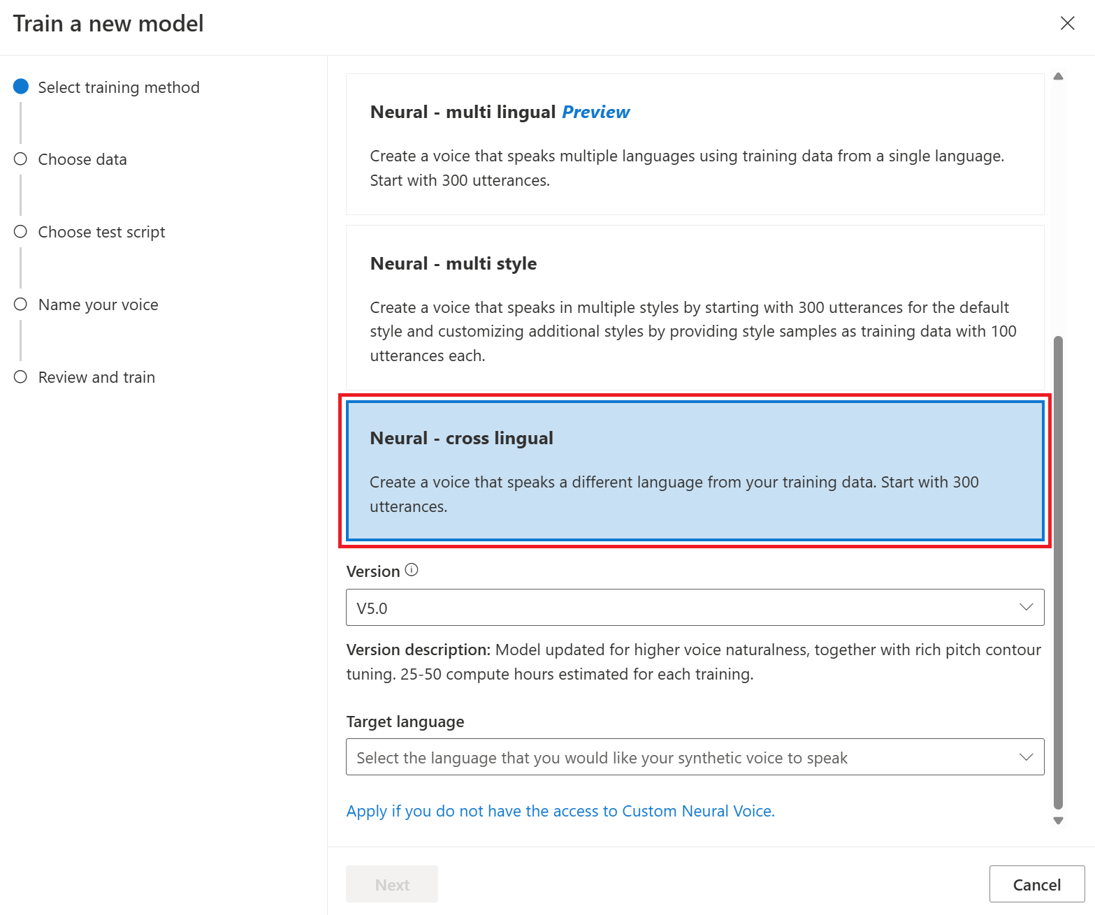 ニューラル クロス言語トレーニングを選択する方法を示すスクリーンショット。