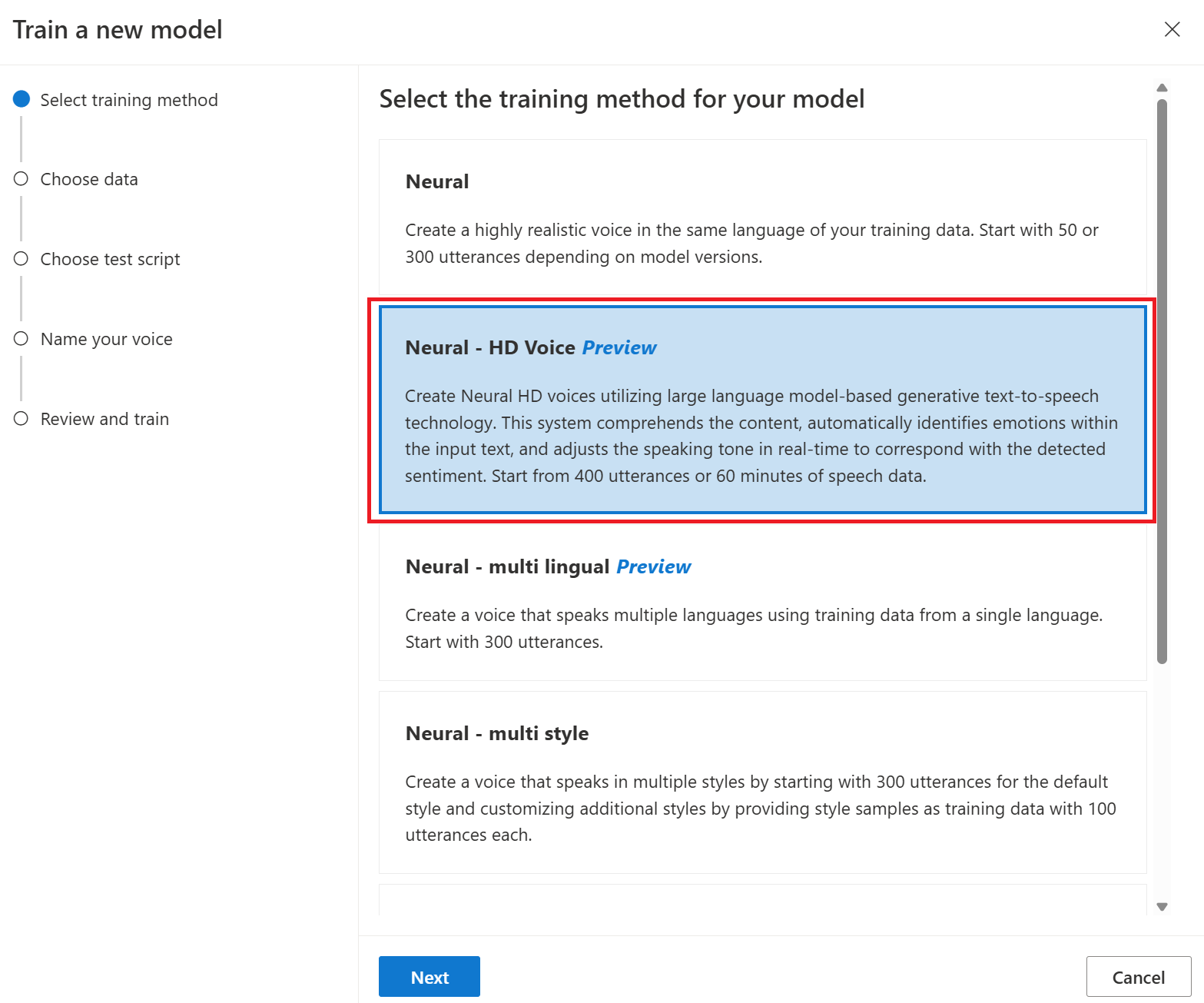 ニューラル HD 音声トレーニングを選択する方法を示すスクリーンショット。