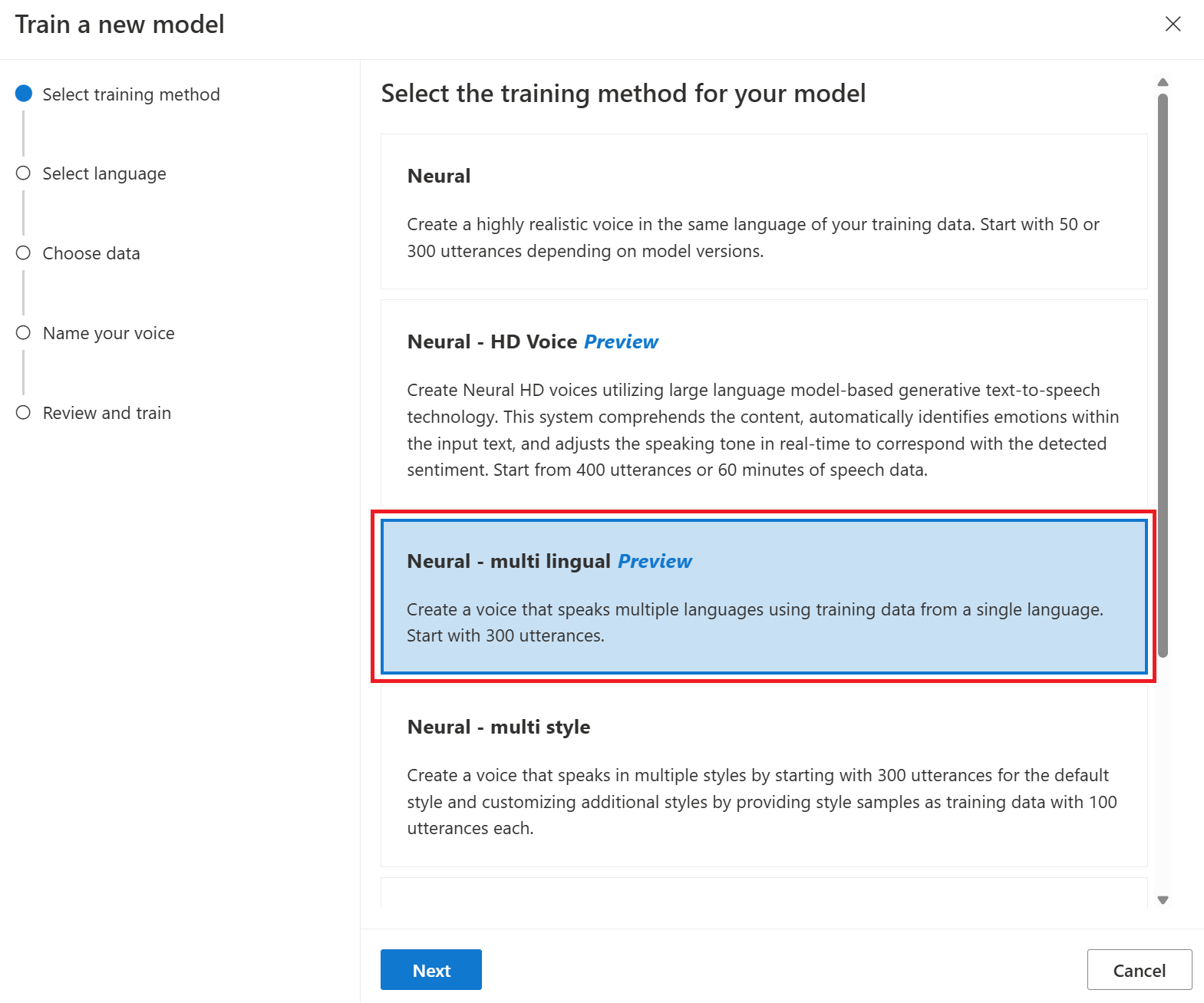 ニューラル多言語トレーニングを選択する方法を示すスクリーンショット。