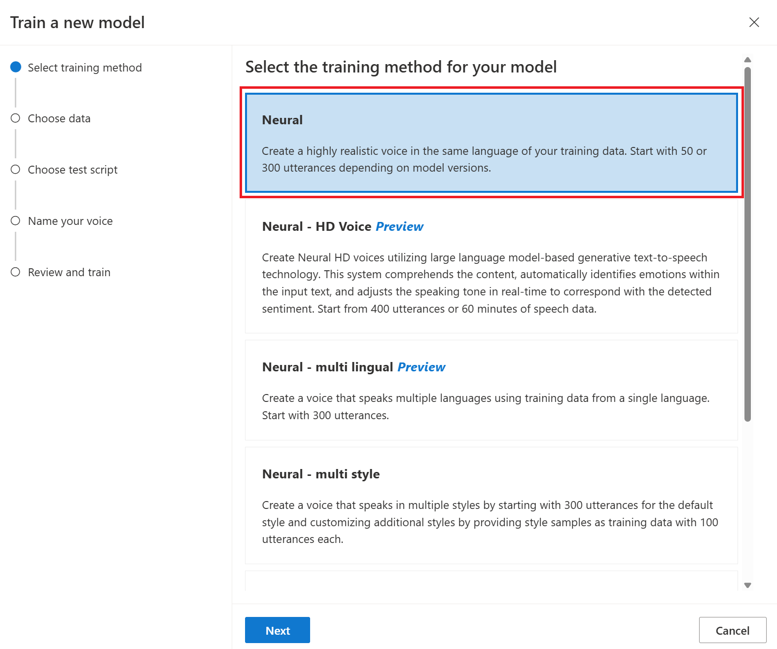 ニューラル トレーニングを選択する方法を示すスクリーンショット。