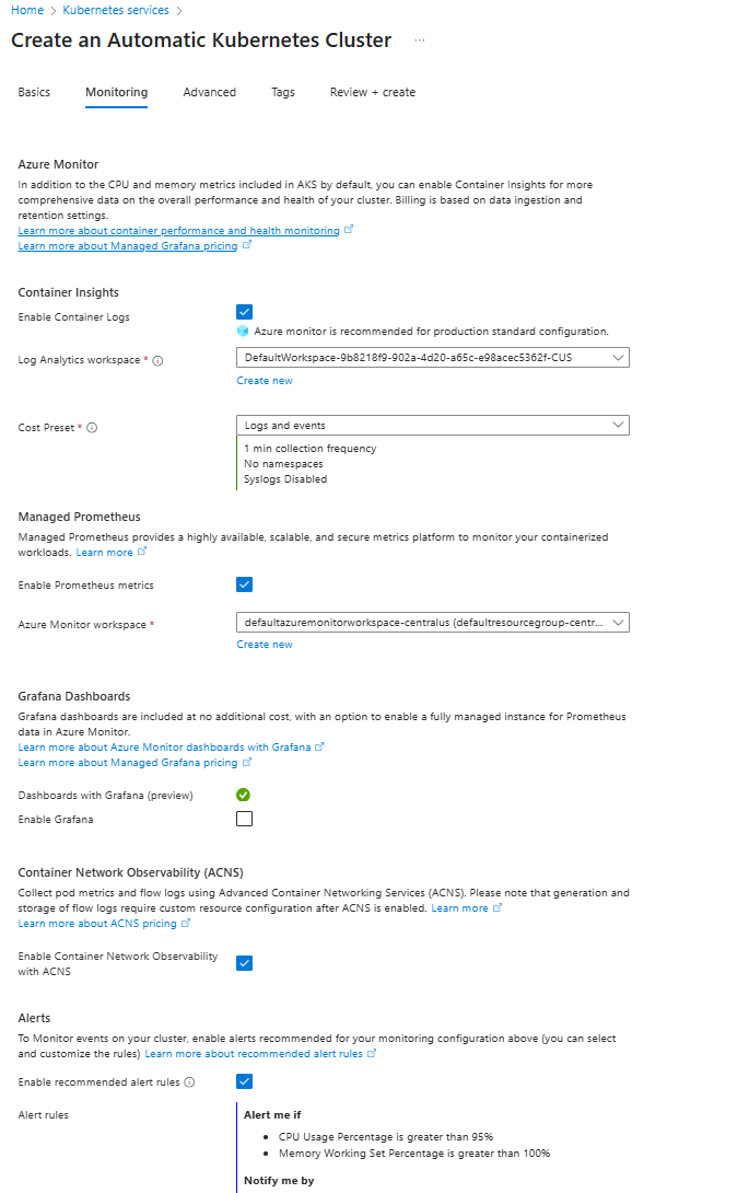 Azure portal で AKS 自動クラスターを作成するときの [監視] タブのスクリーンショット。