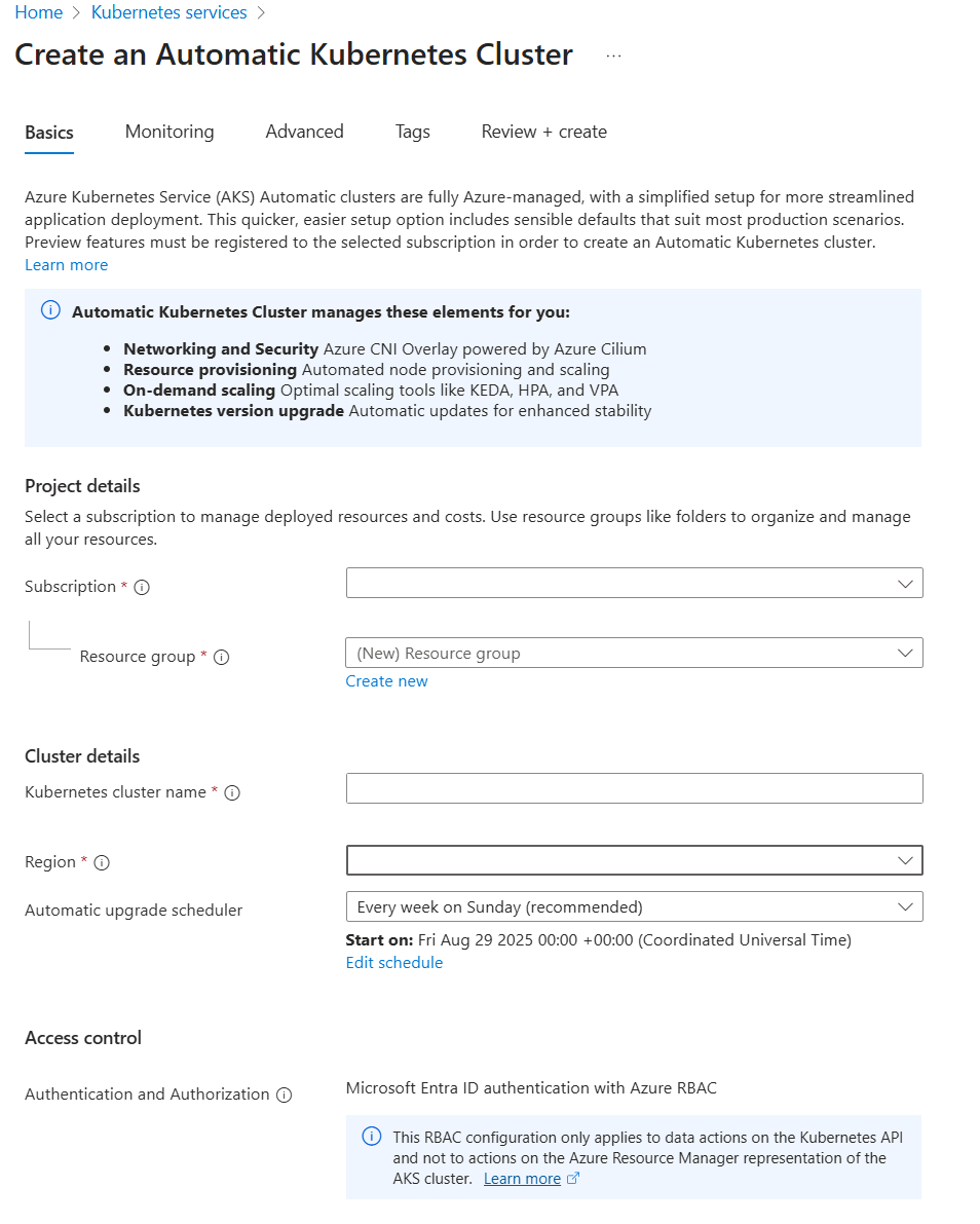 Azure portal の AKS 自動クラスターの [作成 - 基本] タブのスクリーンショット。