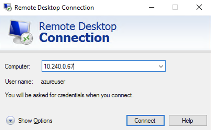 RDP クライアントを使用した Windows Server ノードへの接続のイメージ