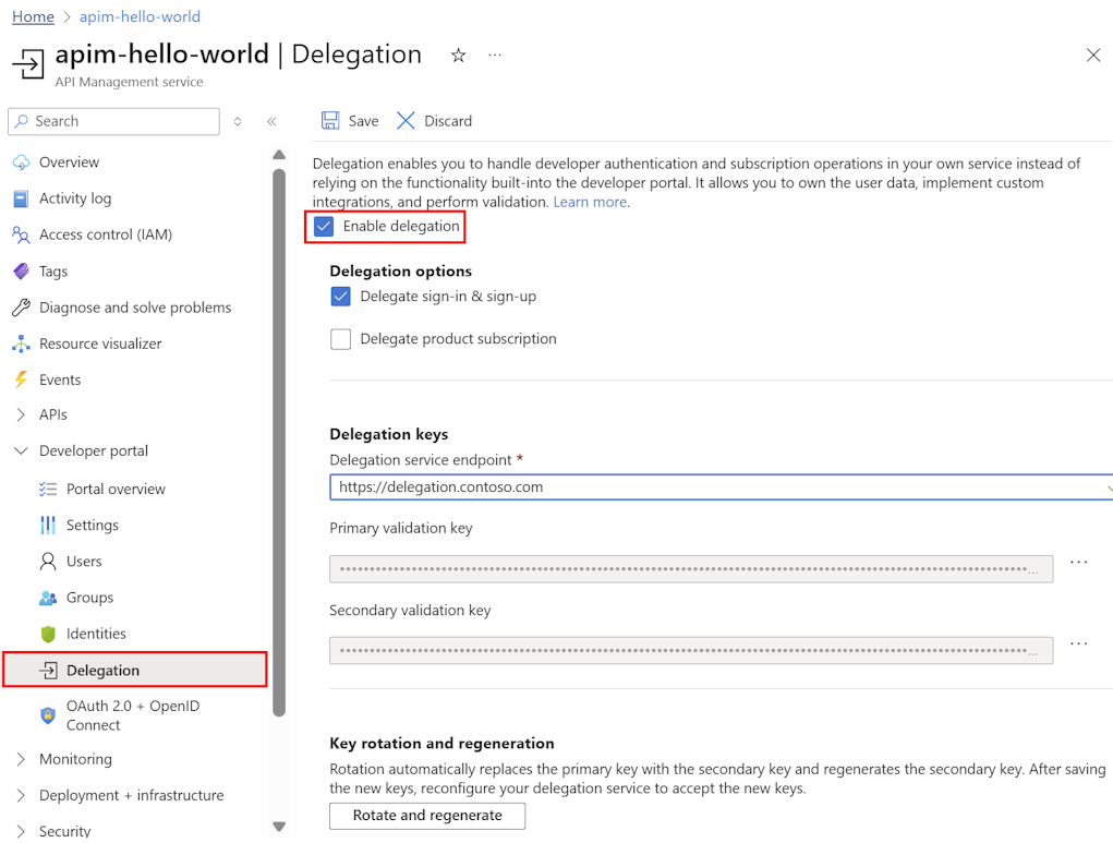 ポータルでのサインインおよびサインアップの委任を示すスクリーンショット。