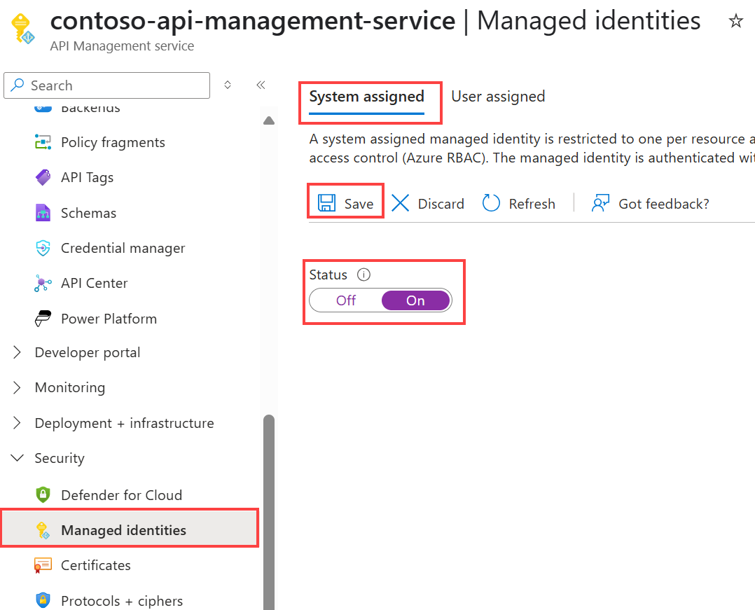 システム割り当てマネージド ID を有効にする方法を示すスクリーンショット。