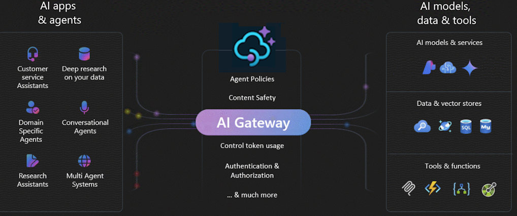 Azure API Management の AI ゲートウェイ機能を要約した図。