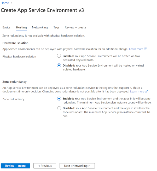 App Service Environment ホスティングの選択を示すスクリーンショット。