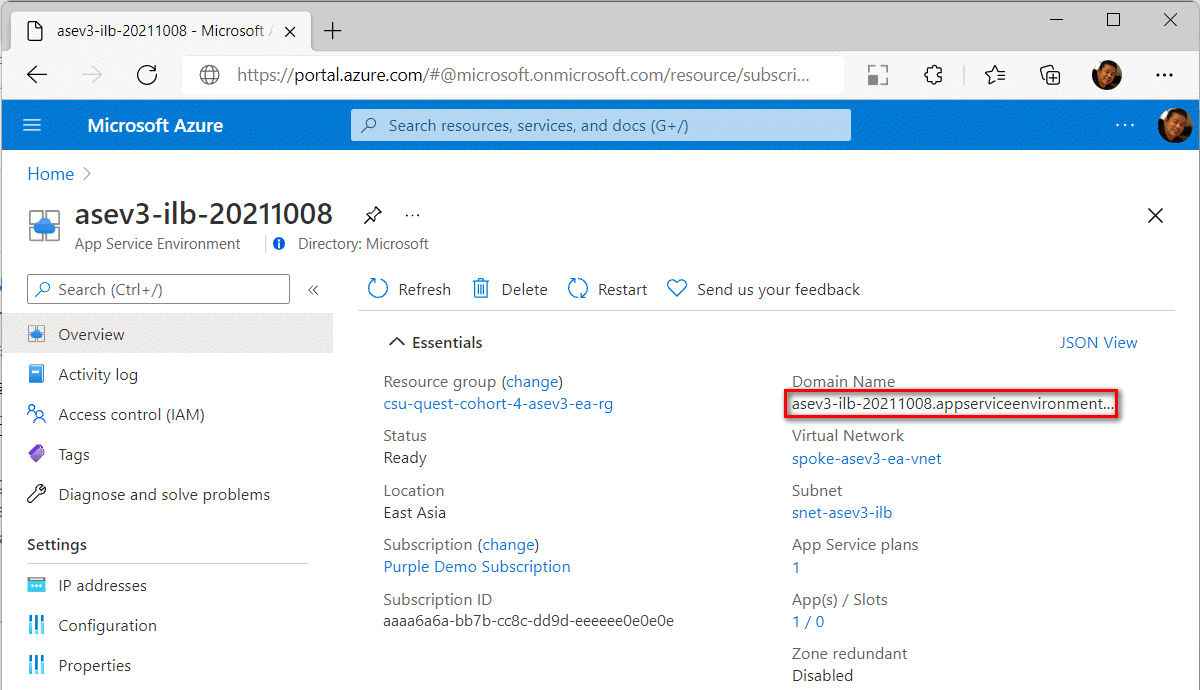 ILB App Service Environment の概要を示すスクリーンショット。