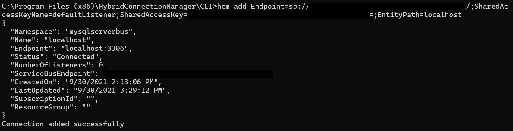 ハイブリッド接続を手動で追加する方法を示す Hybrid Connection Manager CLI のスクリーンショット。