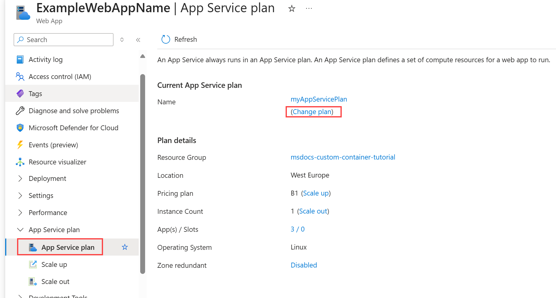 App Service プラン ページのスクリーンショット。