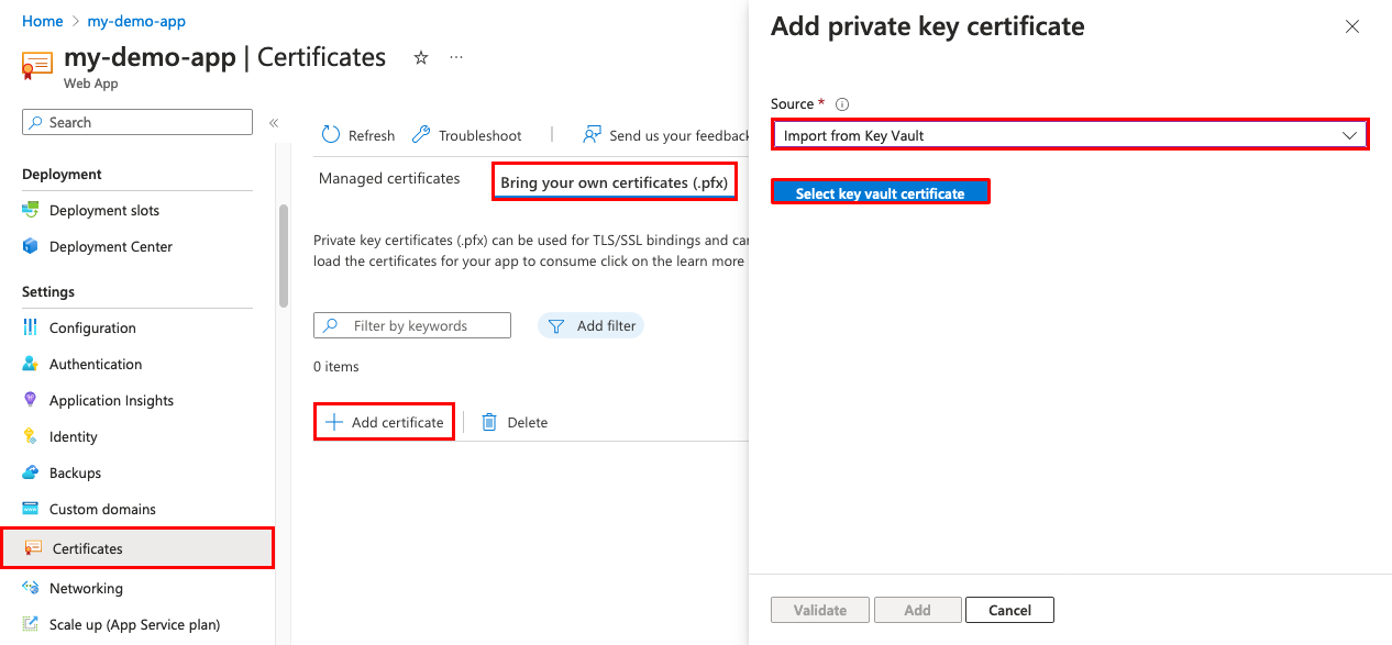 [証明書]、[Bring your own certificates (.pfx)]、[Import from Key Vault]\(Key Vault からインポート\) が選択されているアプリ管理ページを示すスクリーンショット。