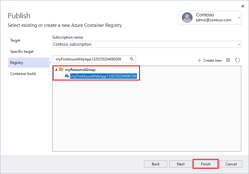 [既存の Azure Container Registry の選択] 画面のスクリーンショット。