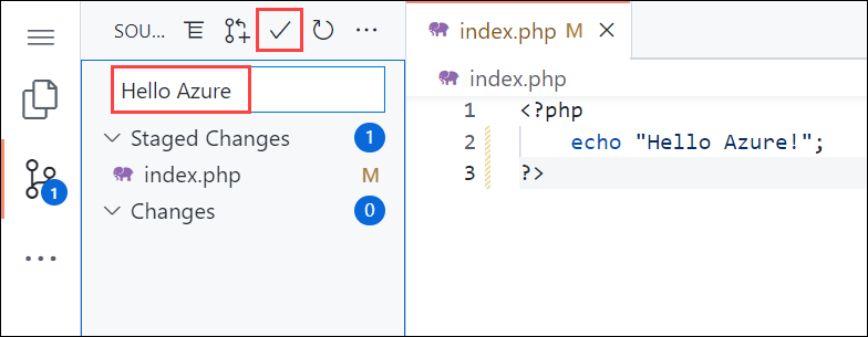 ブラウザーの Visual Studio Code のスクリーンショット、Hello Azure のコミット メッセージを含むソース管理パネル。