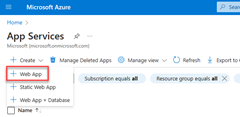 Azure portal の [App Services] ページの [作成] ボタンの場所のスクリーンショット。