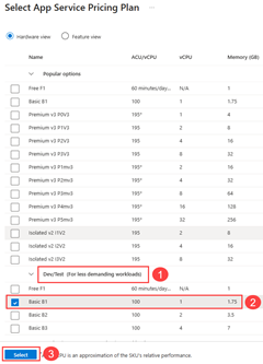 Azure portal で基本的な App Service プランを選択する方法のスクリーンショット。