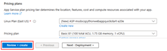 Azure portal の [確認] ボタンと [作成] ボタンの場所のスクリーンショット。