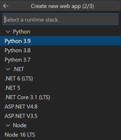 新しい Web アプリのランタイム スタックを選択するために使用される VS Code のダイアログ ボックスのスクリーンショット。