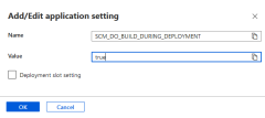 Azure portal でアプリ設定を追加するために使用されるダイアログ ボックスを示すスクリーンショット。