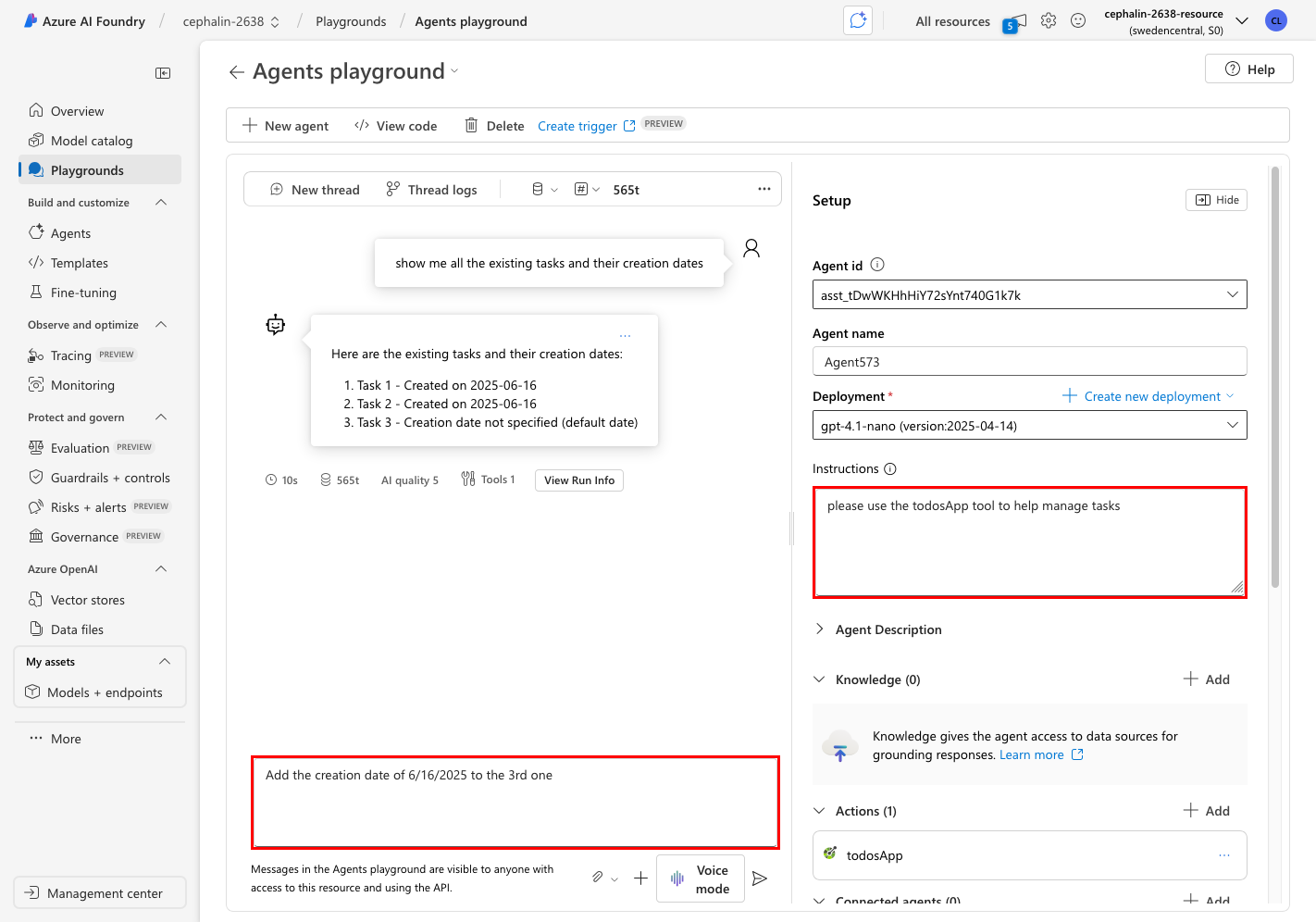 OpenAPI ツールを使用してアクションを実行する会話の途中にあるエージェントのプレイグラウンドを示すスクリーンショット。