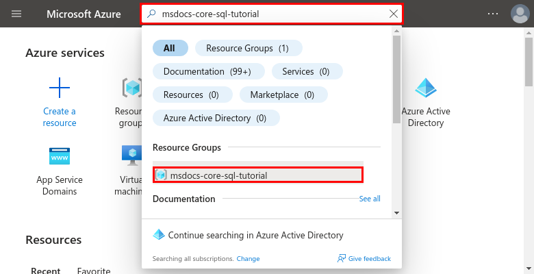 Azure portal でリソース グループを検索し、そこに移動する方法を示すスクリーンショット。