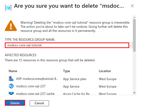 Azure portal でリソース グループを削除するための確認ダイアログのスクリーンショット。