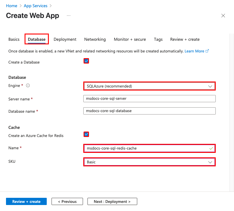 Web アプリ ウィザードのデータベース構成を示すスクリーンショット。