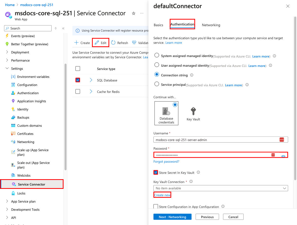 キー コンテナー接続を使用して SQL データベースのサービス コネクタを編集する方法を示すスクリーンショット。