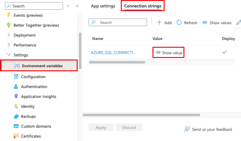 Azure で .NET 接続文字列の値を確認する方法を示すスクリーンショット。