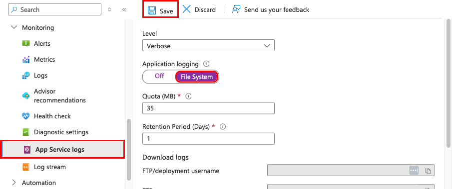 Azure portal で App Service のネイティブ ログを有効にする方法を示すスクリーンショット。