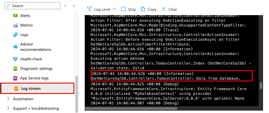 Azure portal でログ ストリームを表示する方法を示すスクリーンショット。