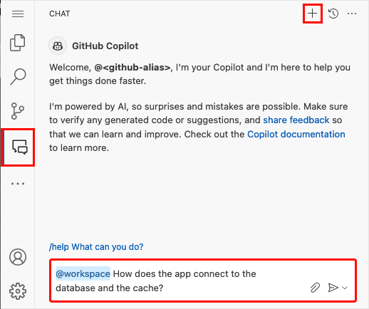 新しい GitHub Copilot チャット セッションで質問する方法を示すスクリーンショット。