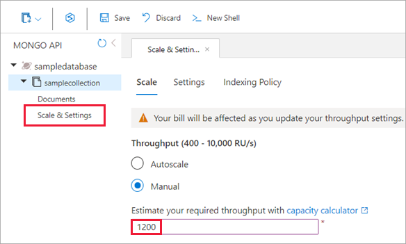 更新された Azure Cosmos DB スケール設定を示すスクリーンショット。