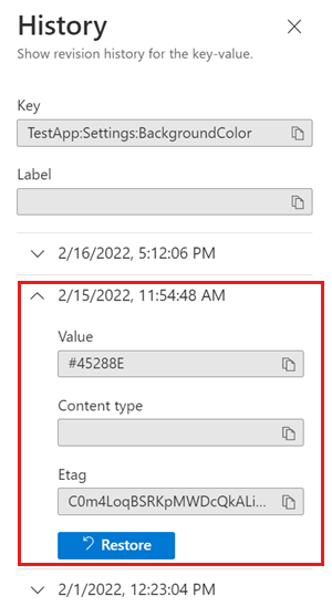 特定の日付のキーと値のデータを表示している Azure portal のスクリーンショット
