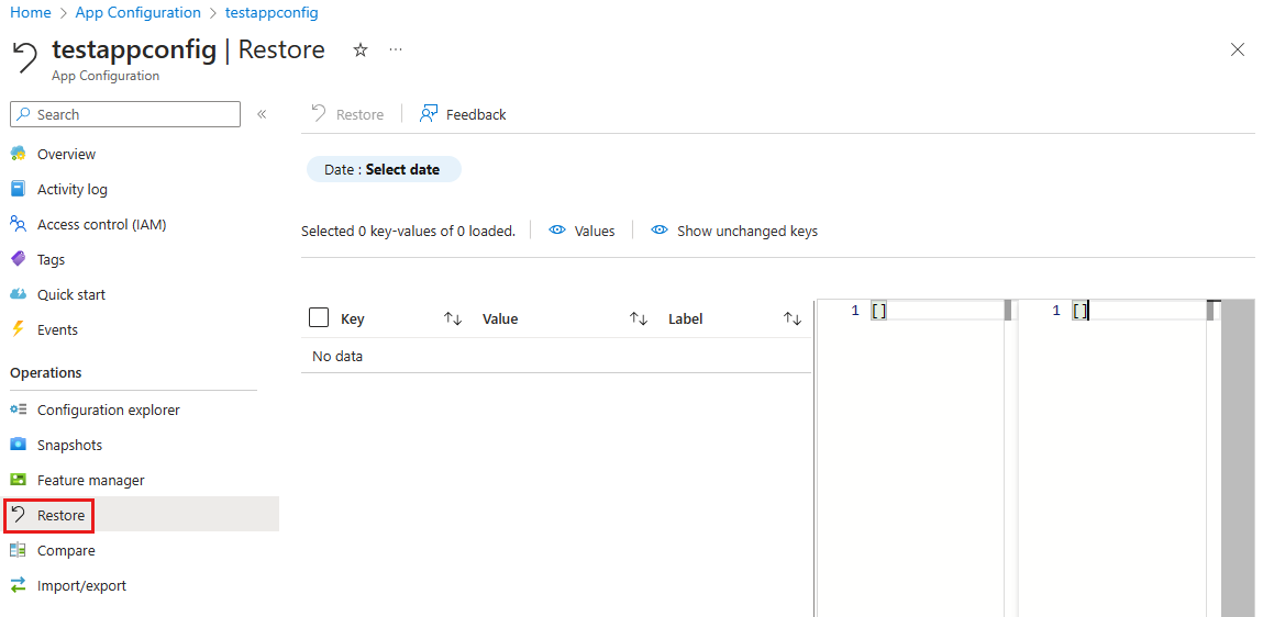 [復元] を選択した Azure portal のスクリーンショット