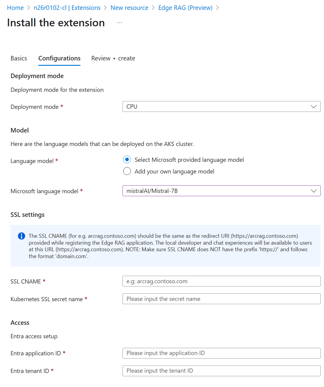 モデルの種類とその他の構成を選択する [構成] タブのスクリーンショット。