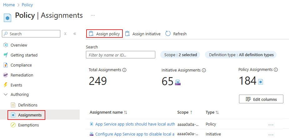 Azure portal の [ポリシーの割り当て] ページのスクリーンショット。