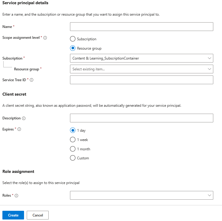 Azure portal での Azure Arc サービス プリンシパルの作成画面のスクリーンショット。