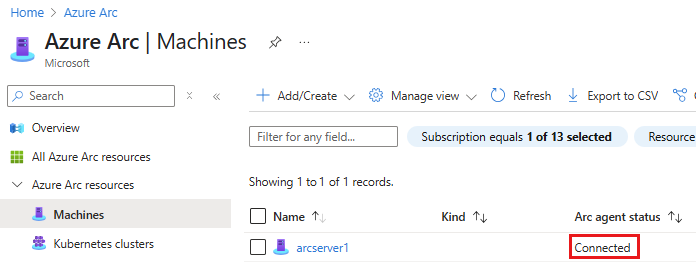 Azure portal でのマシン接続の成功を示すスクリーンショット。