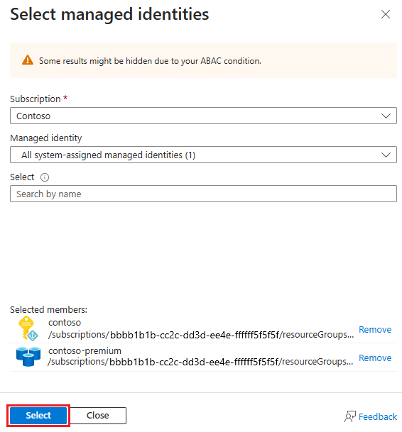 [マネージド ID の選択] ウィンドウの追加を示すスクリーンショット。