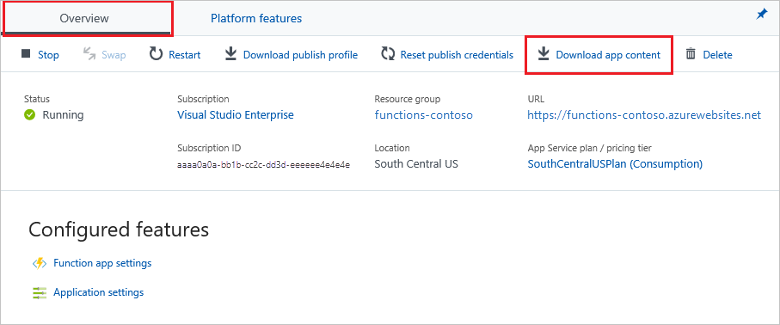 関数アプリ プロジェクトをダウンロードするための Azure portal ページを示すスクリーンショット。