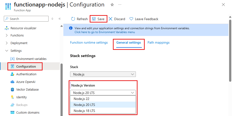 Azure portal で関数アプリの目的の Node.js バージョンを設定する方法を示すスクリーンショット。
